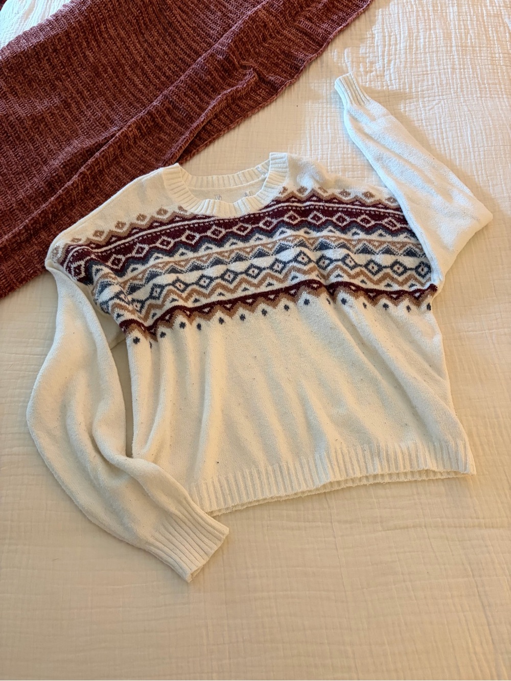 Hollister Cream Fair Isle Crewneck with Burgundy and Navy. Size medium
